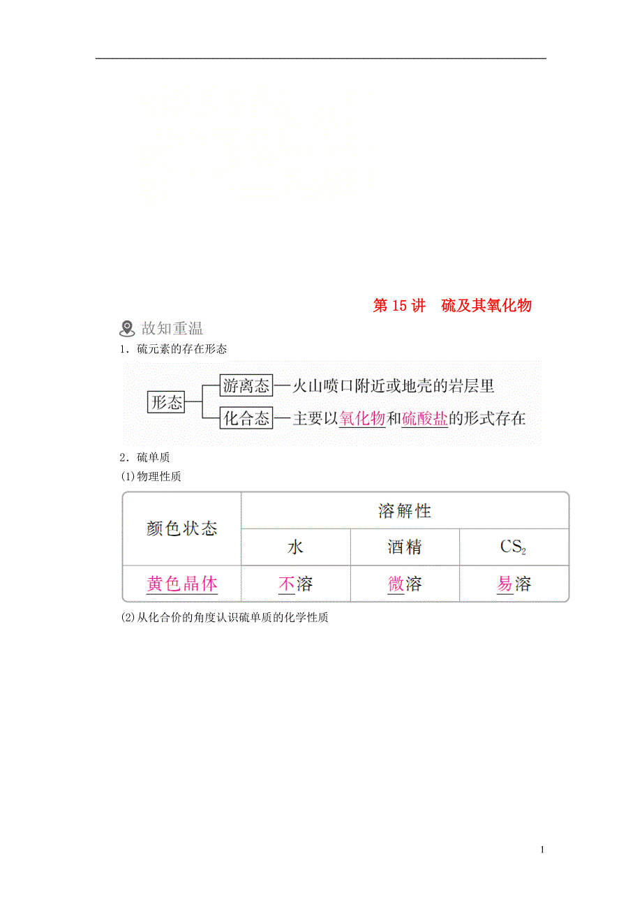 （全国通用）2019版高考化学一轮复习 第15讲 硫及其氧化物学案_第1页