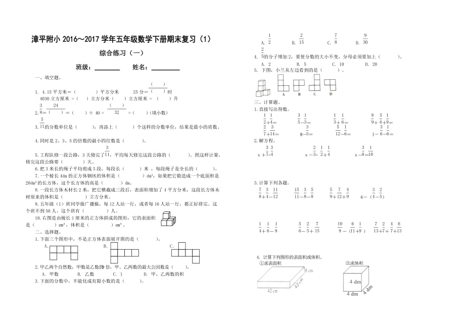 2017年五年级下册精选期末复习试卷_第1页