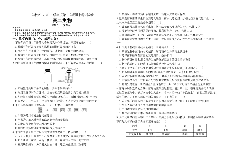 2017—2018学年度第二学期高二生物期中考试试卷(有答案)_第1页