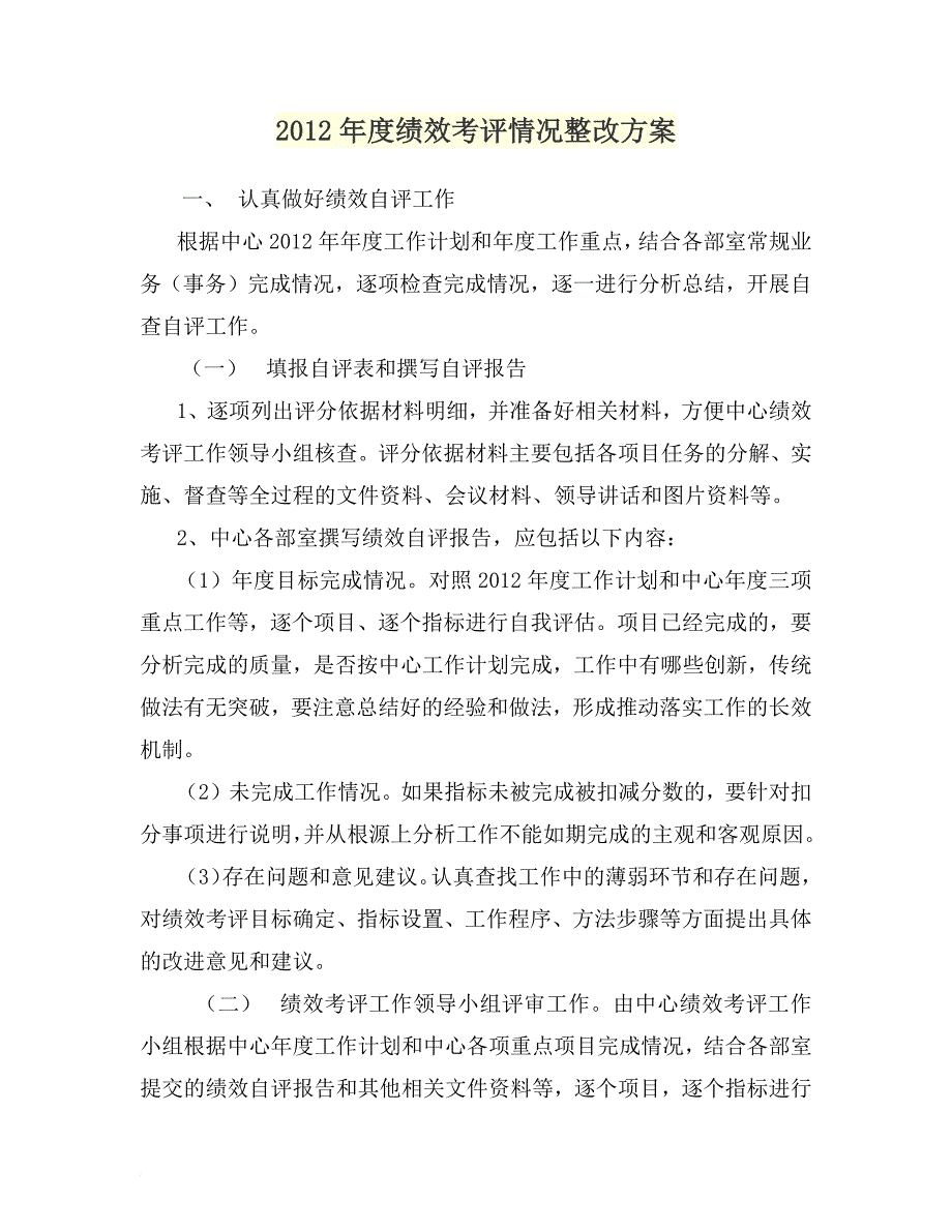 2012年度绩效考评情况整改方案.doc_第1页