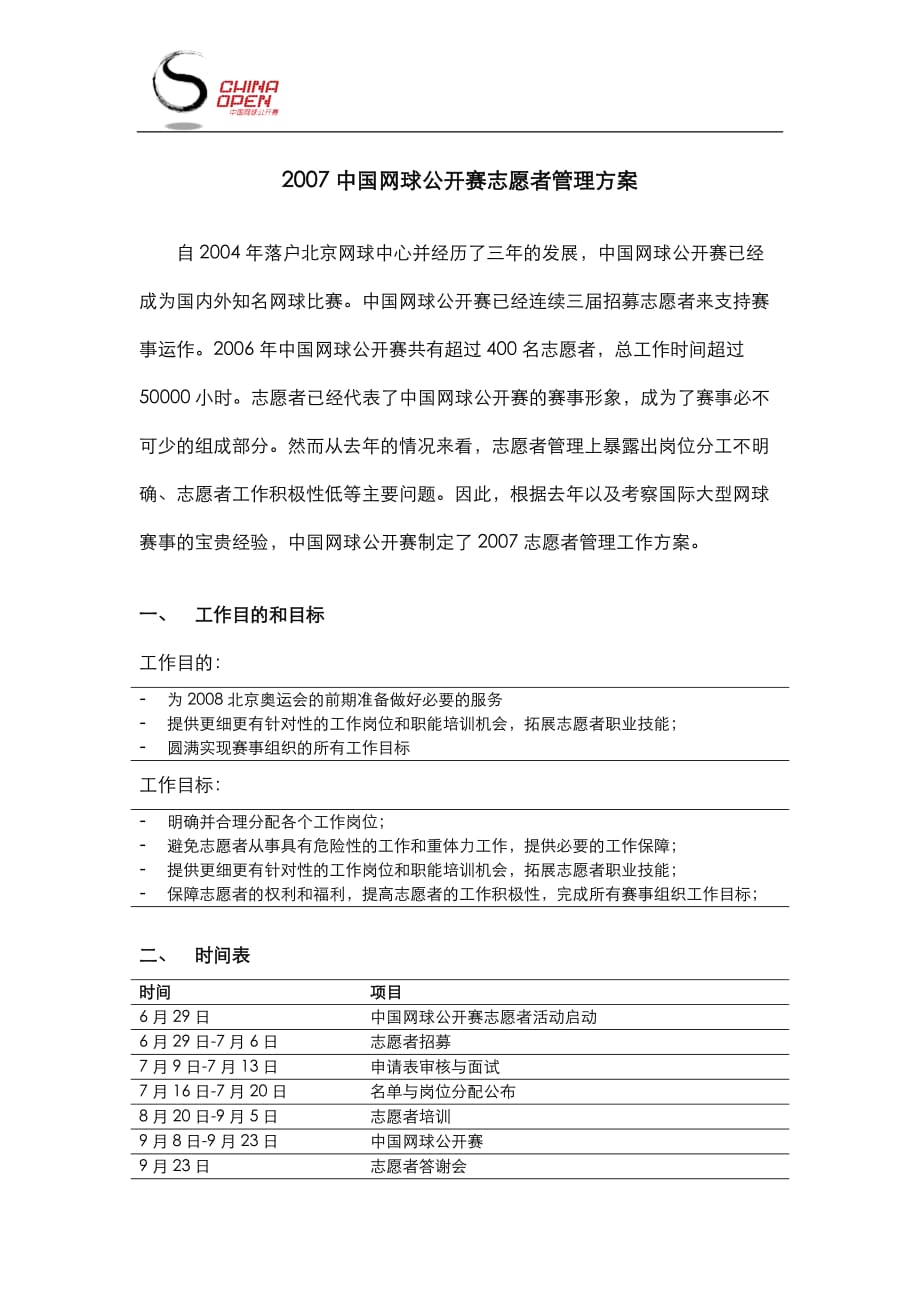 2007中国网球公开赛志愿者管理方案.doc_第1页