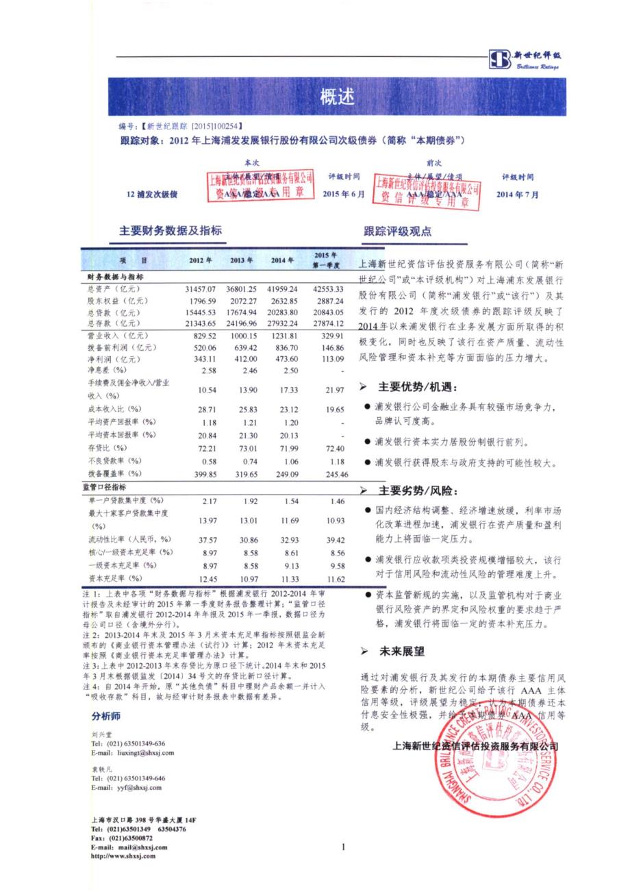 上海浦东发展银行2012年次级债券跟踪评级报告（2014年度）_第2页