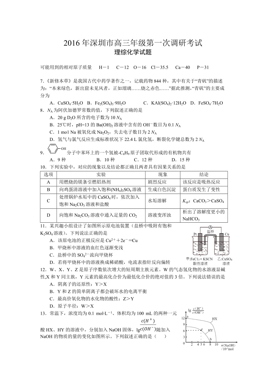 2016年深圳市高三年级第一次调研考试化学试题及参考答案-(定)_第1页