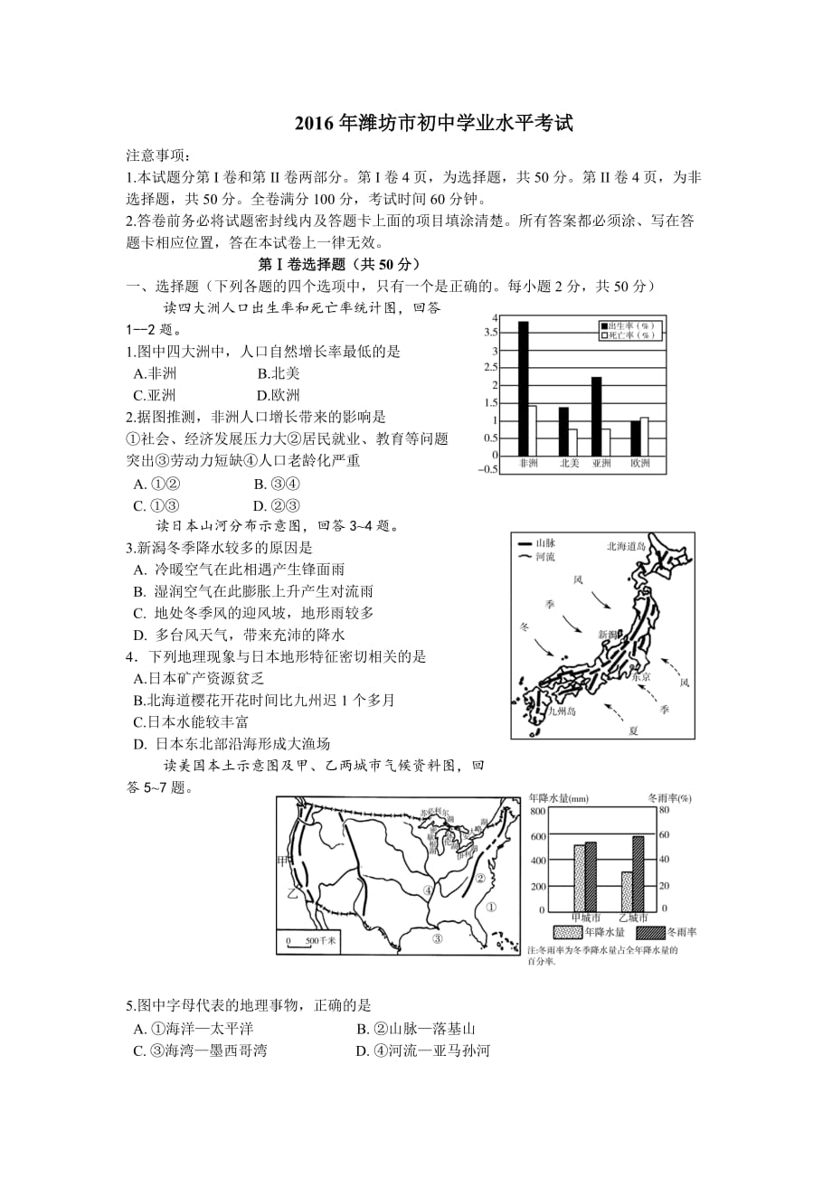 2016年潍坊市初中学业水平考试地理试题附答案(word)(同名16351)_第1页