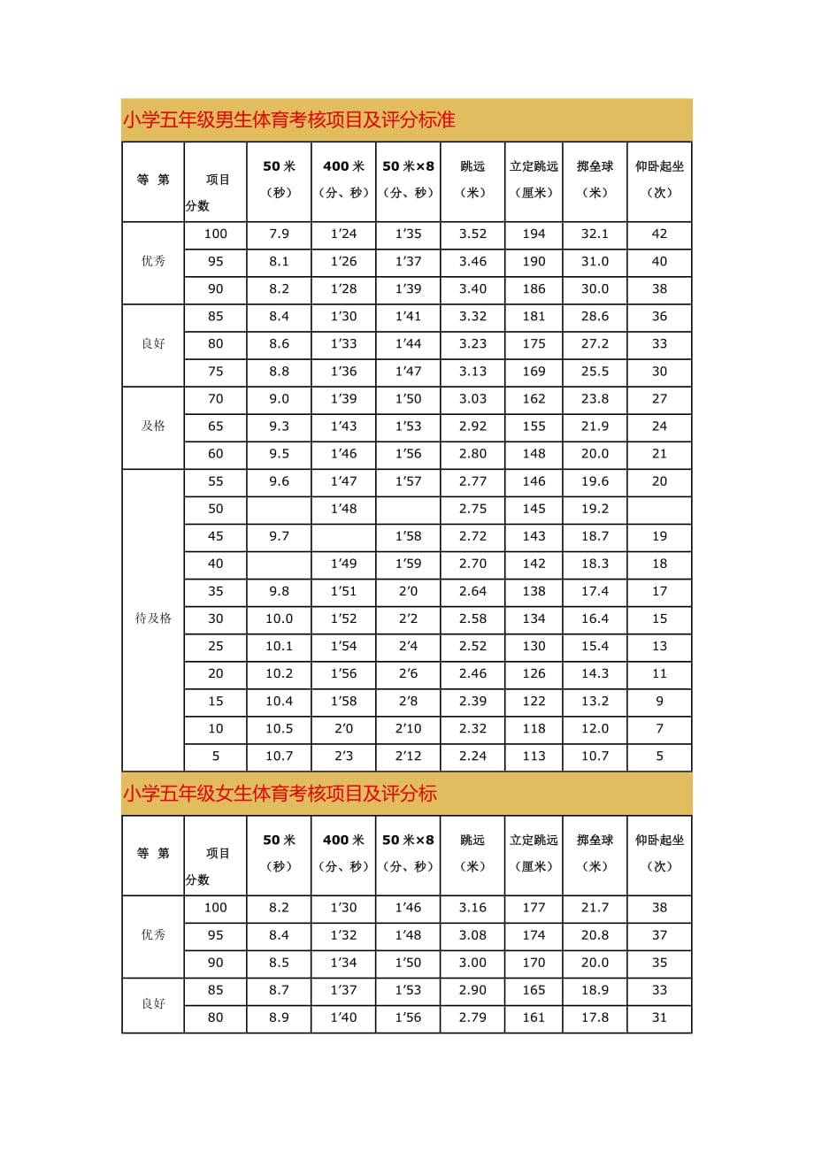 小学五年级男生体育考核项目及评分标准_第1页