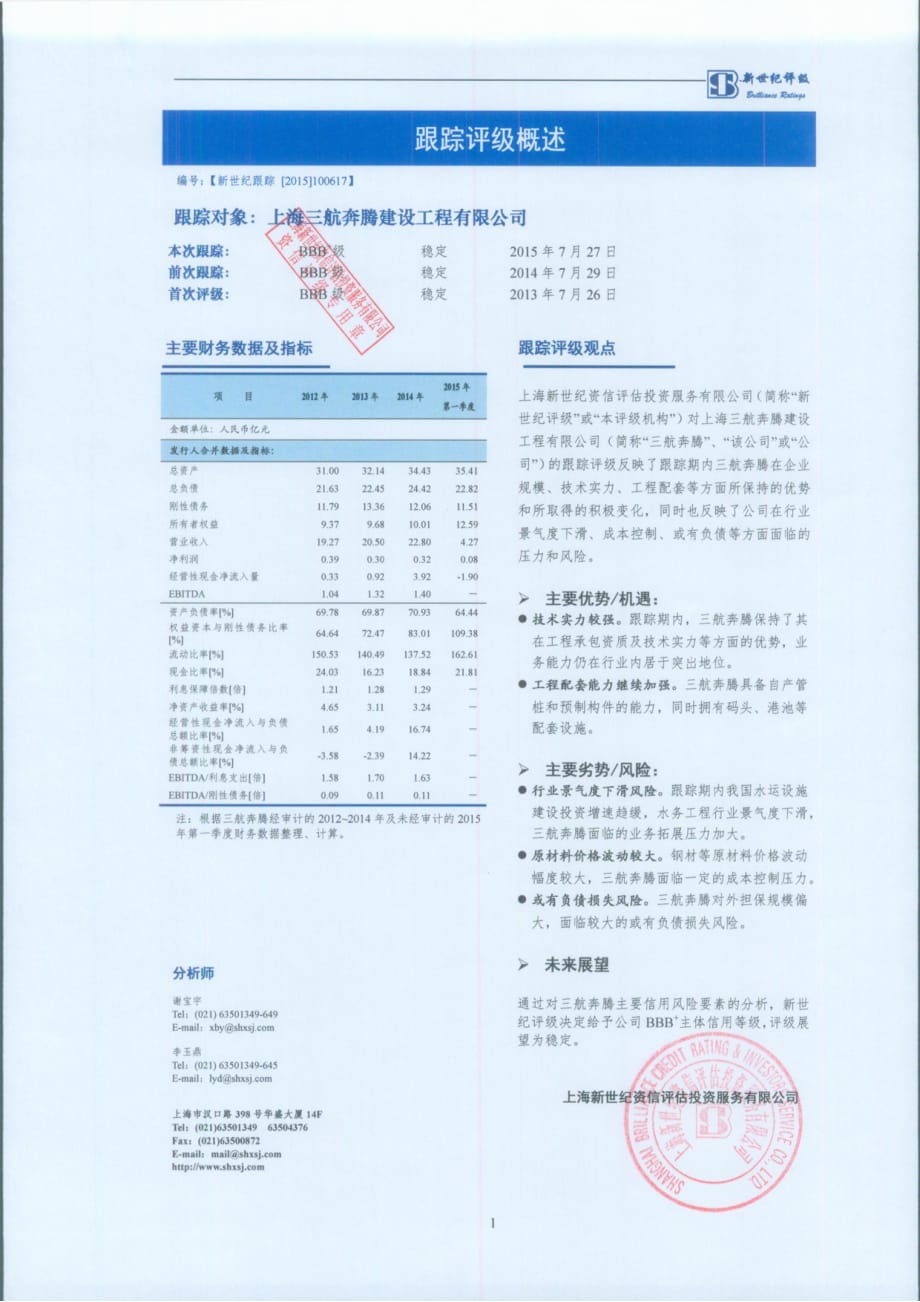 上海三航奔腾建设工程有限公司主体2015年度跟踪评级报告_第2页