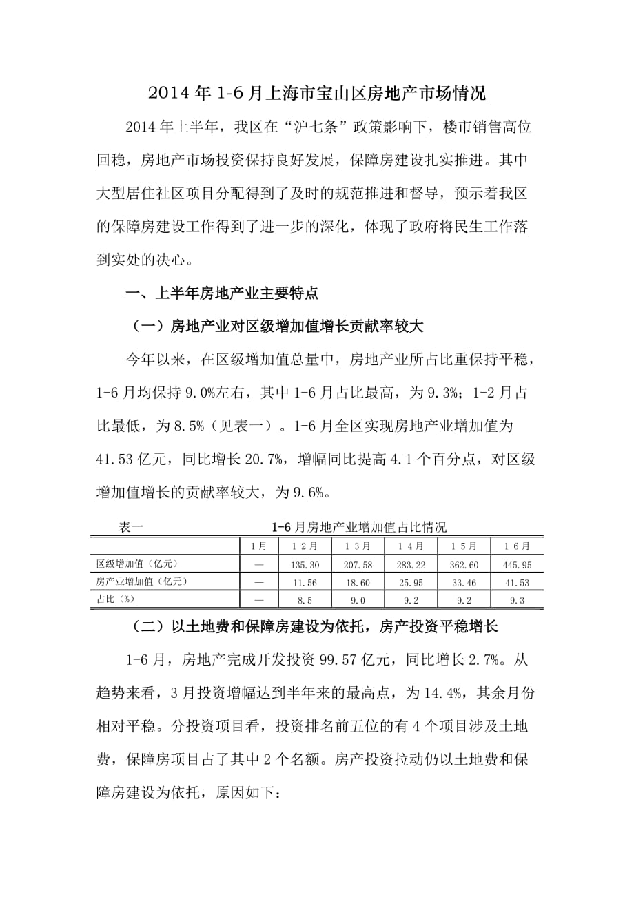 2014年1-6月上海市宝山区房地产市场情况_第1页