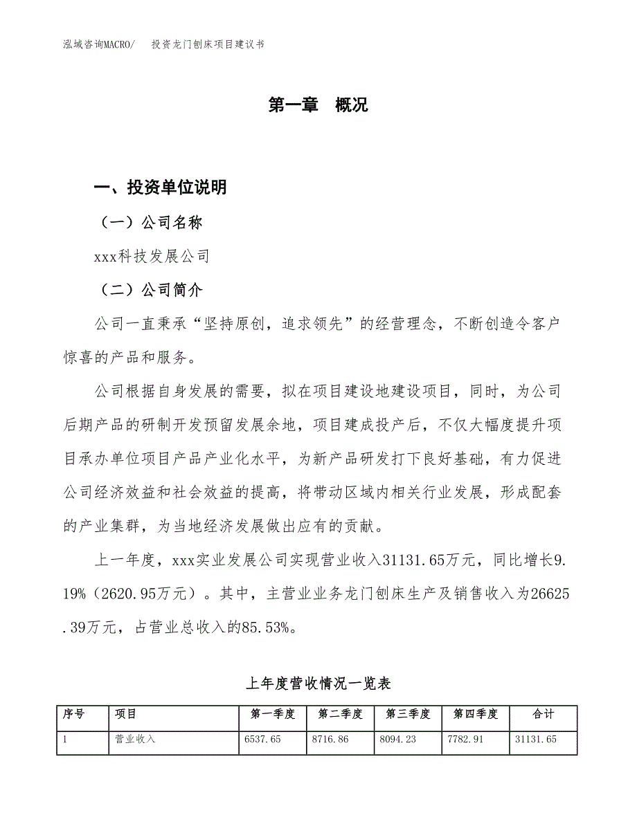 投资龙门刨床项目建议书.docx_第1页