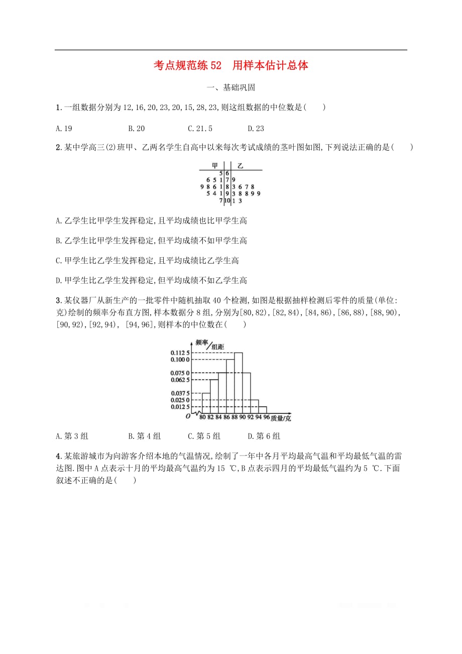 天津专用2020届高考数学一轮复习考点规范练52用样本估计总体_第1页