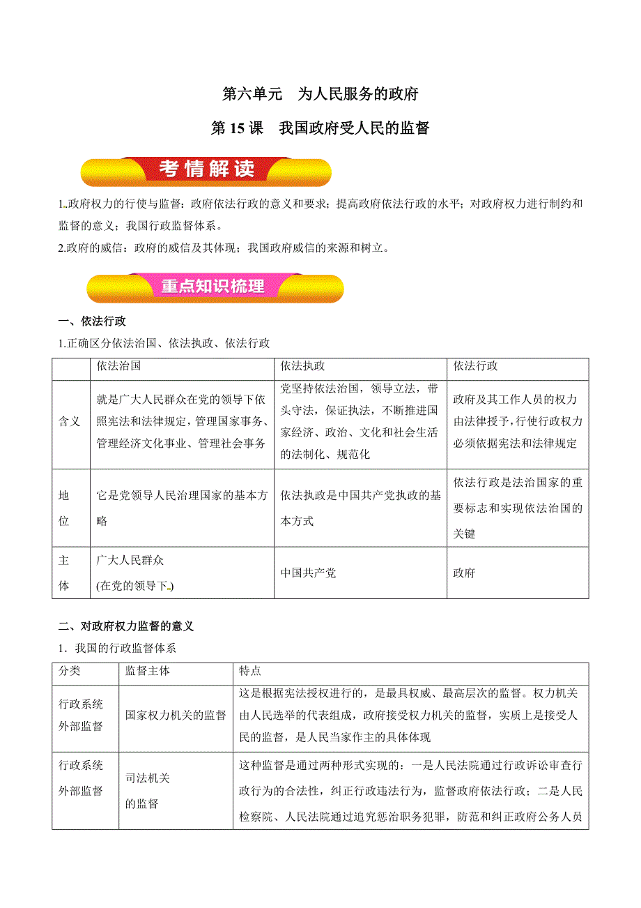 专题15 我国政府受人民的监督（教学案）-2018年高考政治一轮复习精品资料（原卷版）_第1页