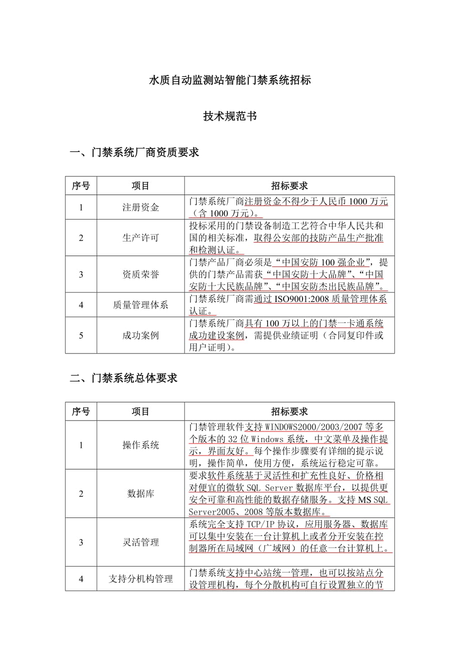 arm门禁功能参数-水质自动监测站智能门禁系统招标技术规范书_第1页