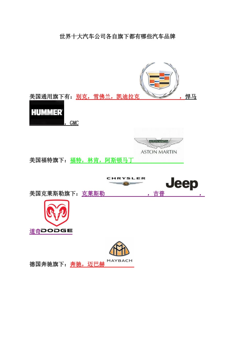 世界十大汽车公司各自旗下都有哪些汽车品牌资料_第1页
