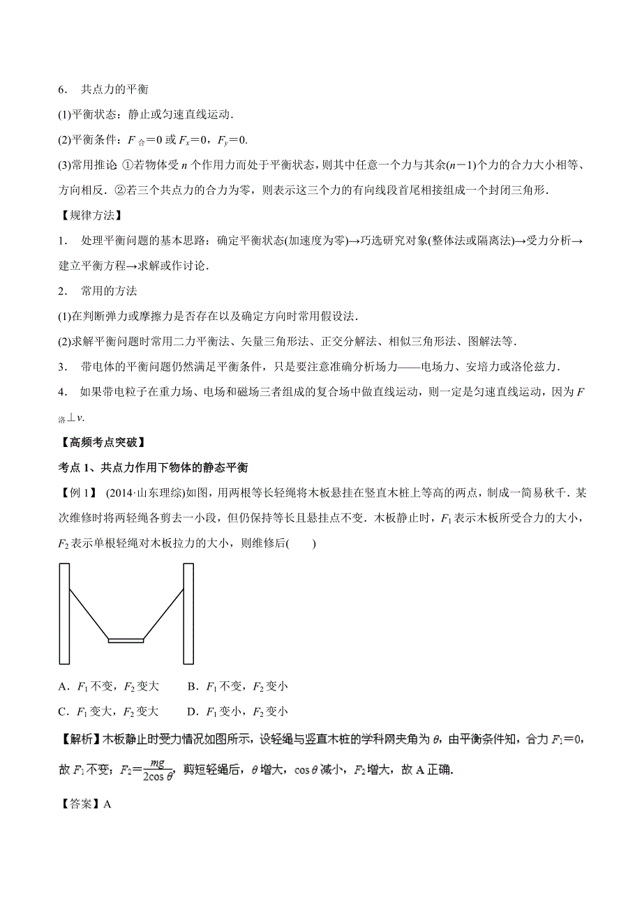 2015年高考物理热点难点试题考纲解读专题01 力与物体的平衡_第2页