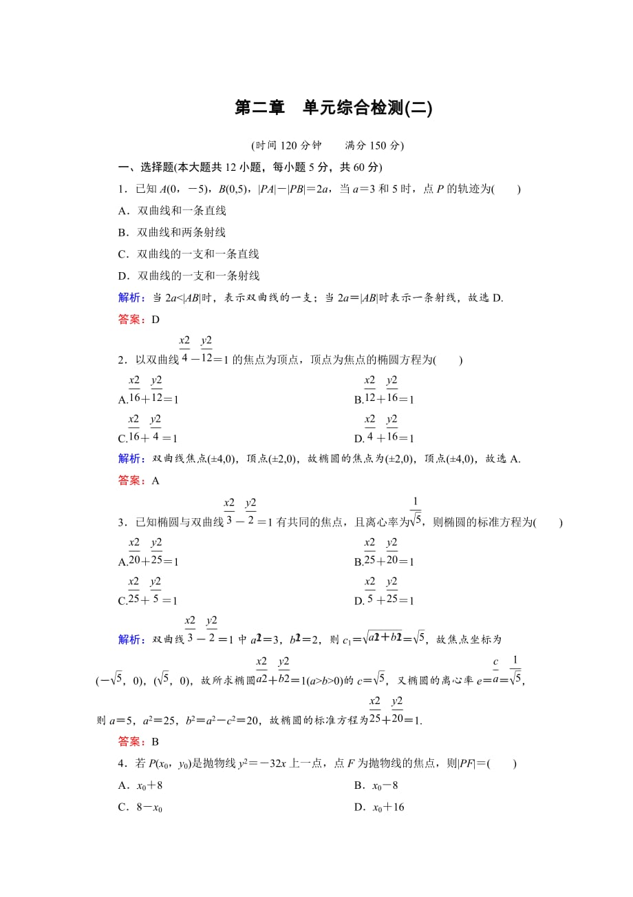 【高考必备】【金版优课】高中数学人教a版选修2-1：第2章综合检测2word版含解析_第1页