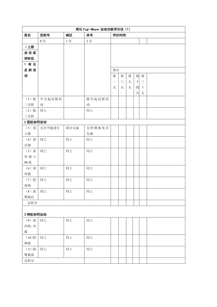 fugl-meyer运动、平衡、感觉、被动活动评分表_第1页