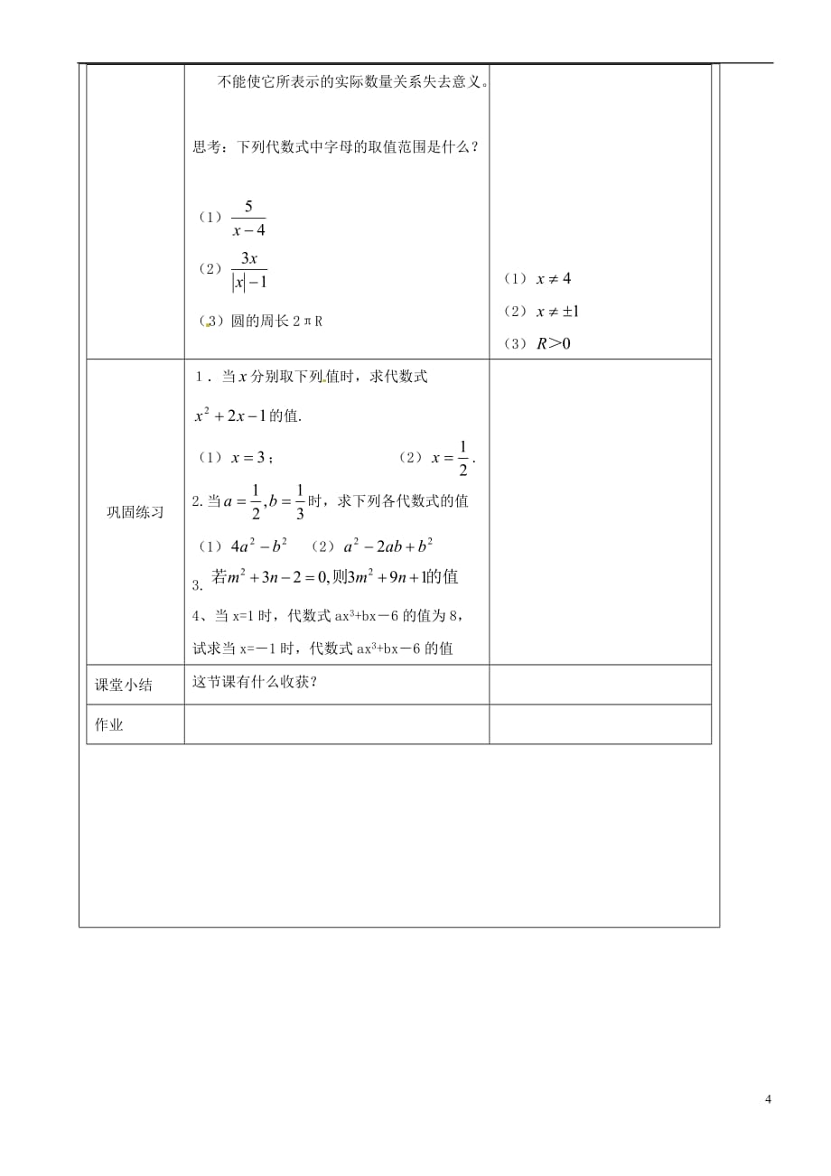 【最新】上海市罗泾中学七年级数学上册-93-代数式的值第1课时教案-沪教版五四制_第4页