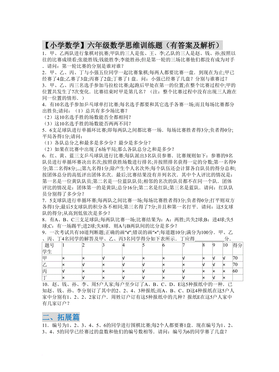 【小学数学】六年级数学思维训练题(有答案及解析)_第1页