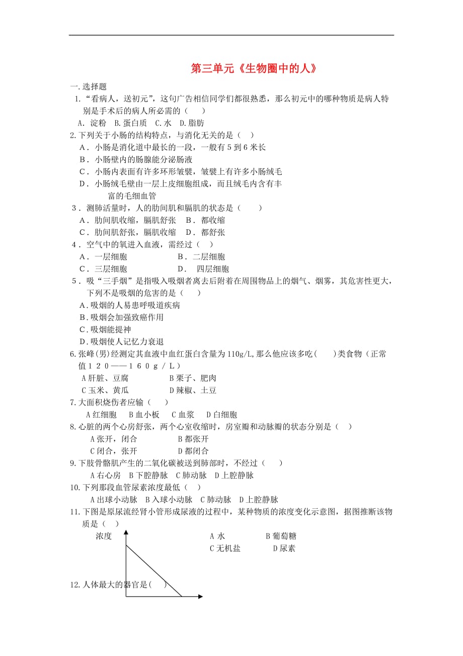 【最新】七年级生物下册第三单元生物圈中的人单元综合检测试题济南版_第1页