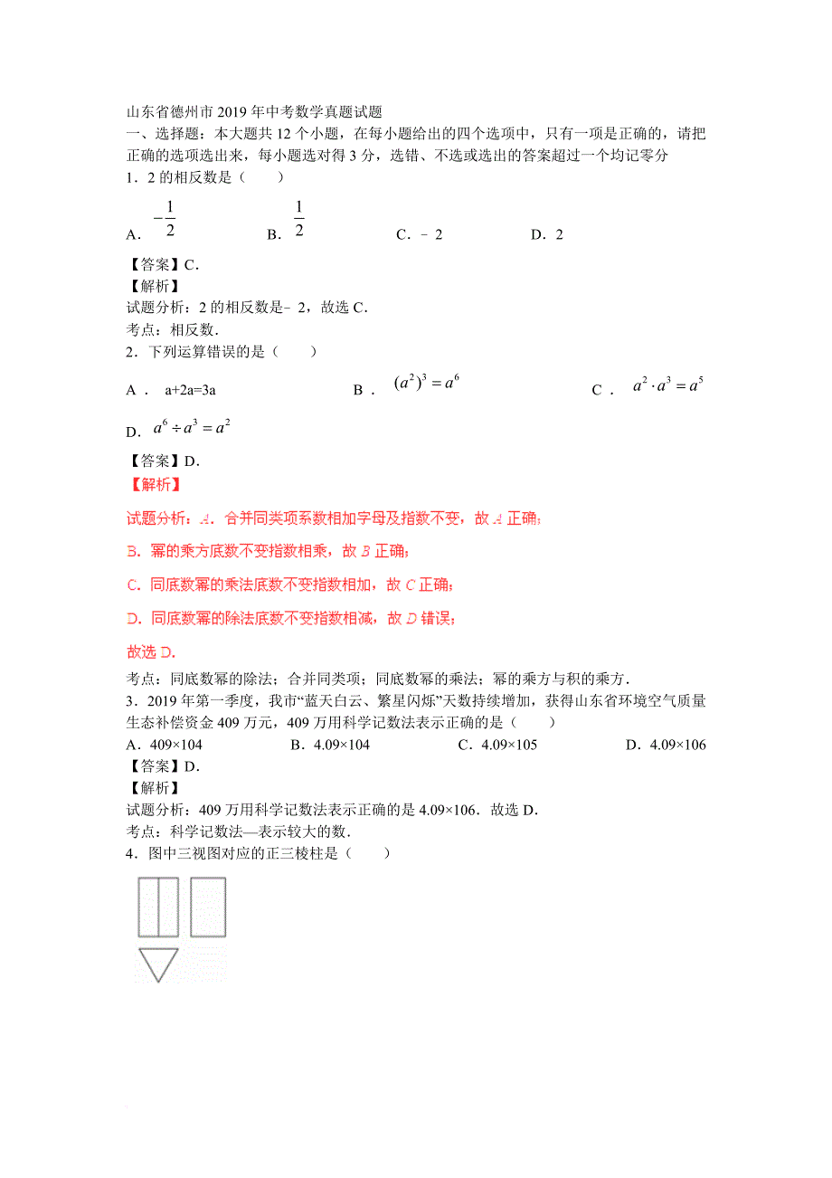 【2019年中考真题模拟】山东省德州市2019年中考数学真题试题(含解析)_第1页