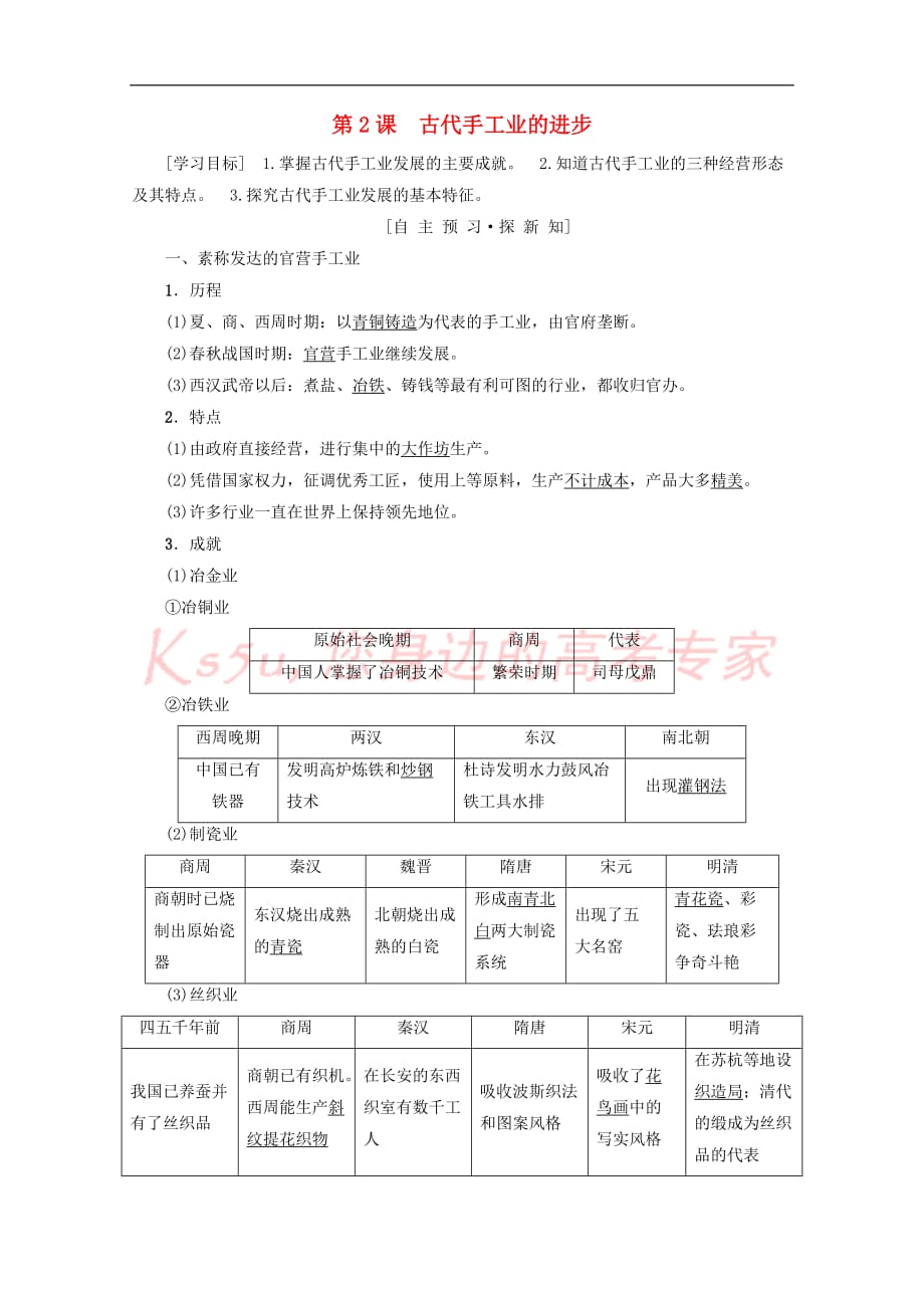 【新】2018秋高中历史-第1单元-古代中国经济的基本结构与特点-第2课-古代手工业的进步学案-新人教版必修2_第1页