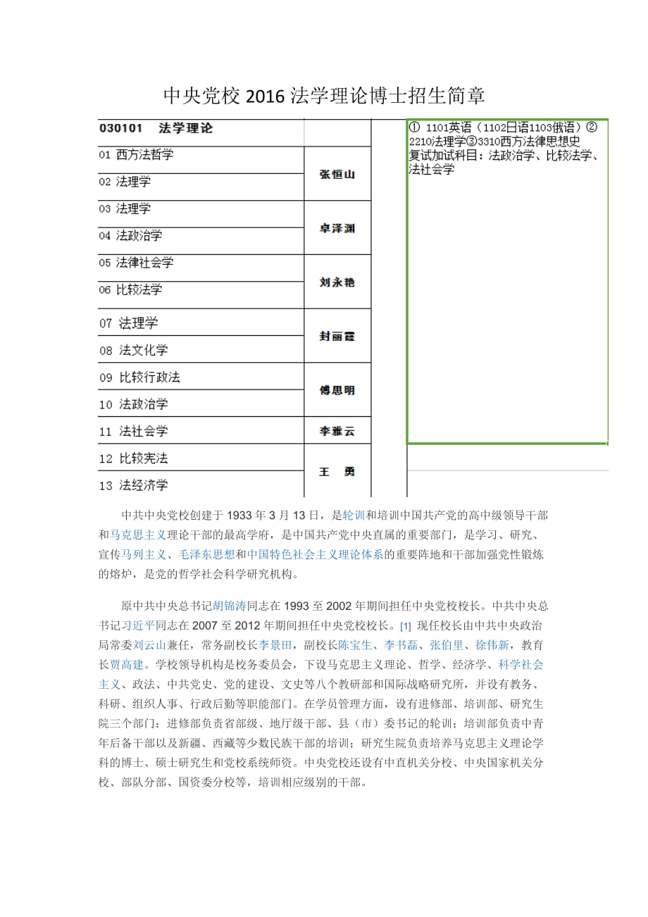 中央党校2016法学理论博士招生简章_第1页