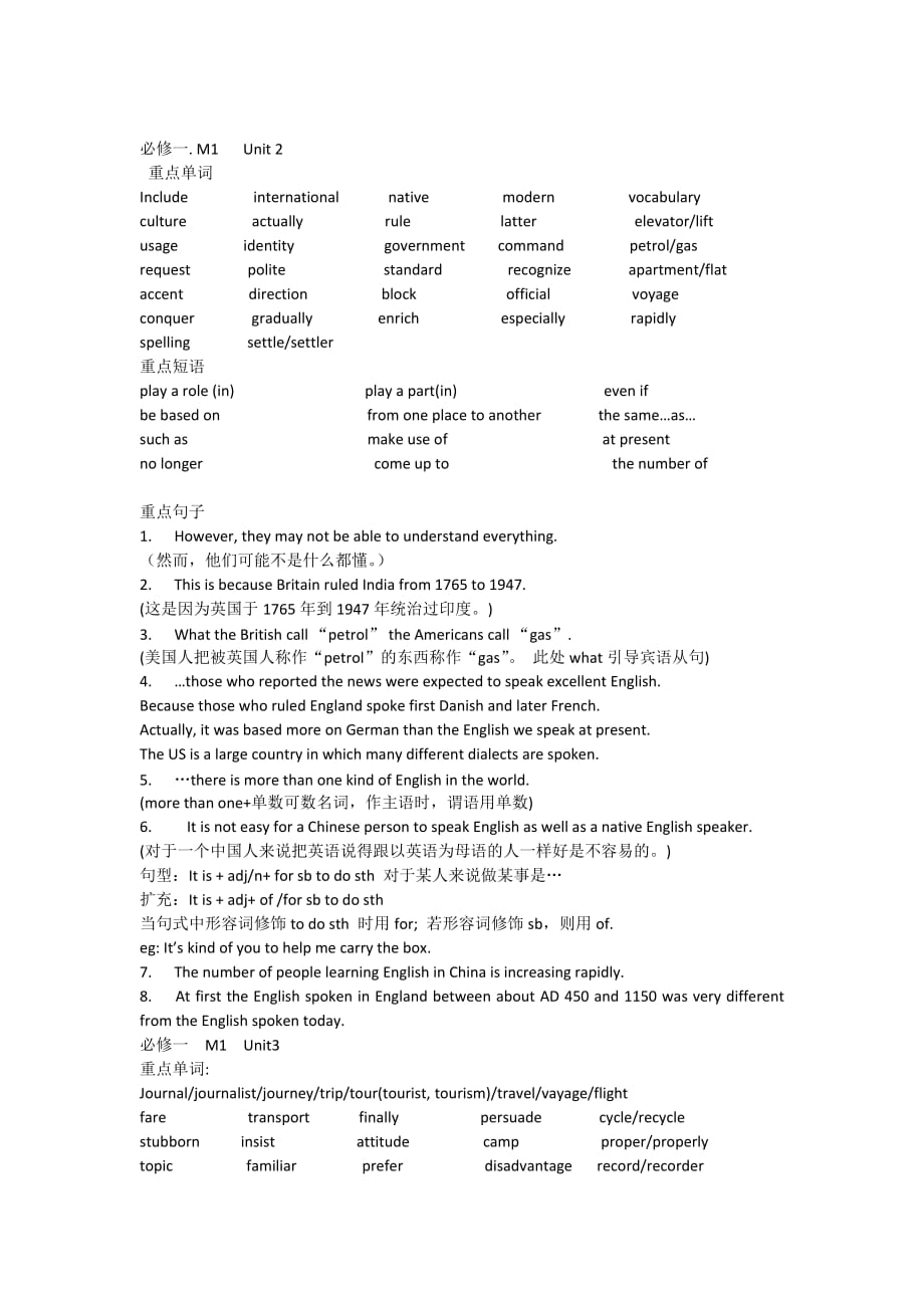 人教版新课标高中英语必修1重点词汇-短语-句子复习_第2页