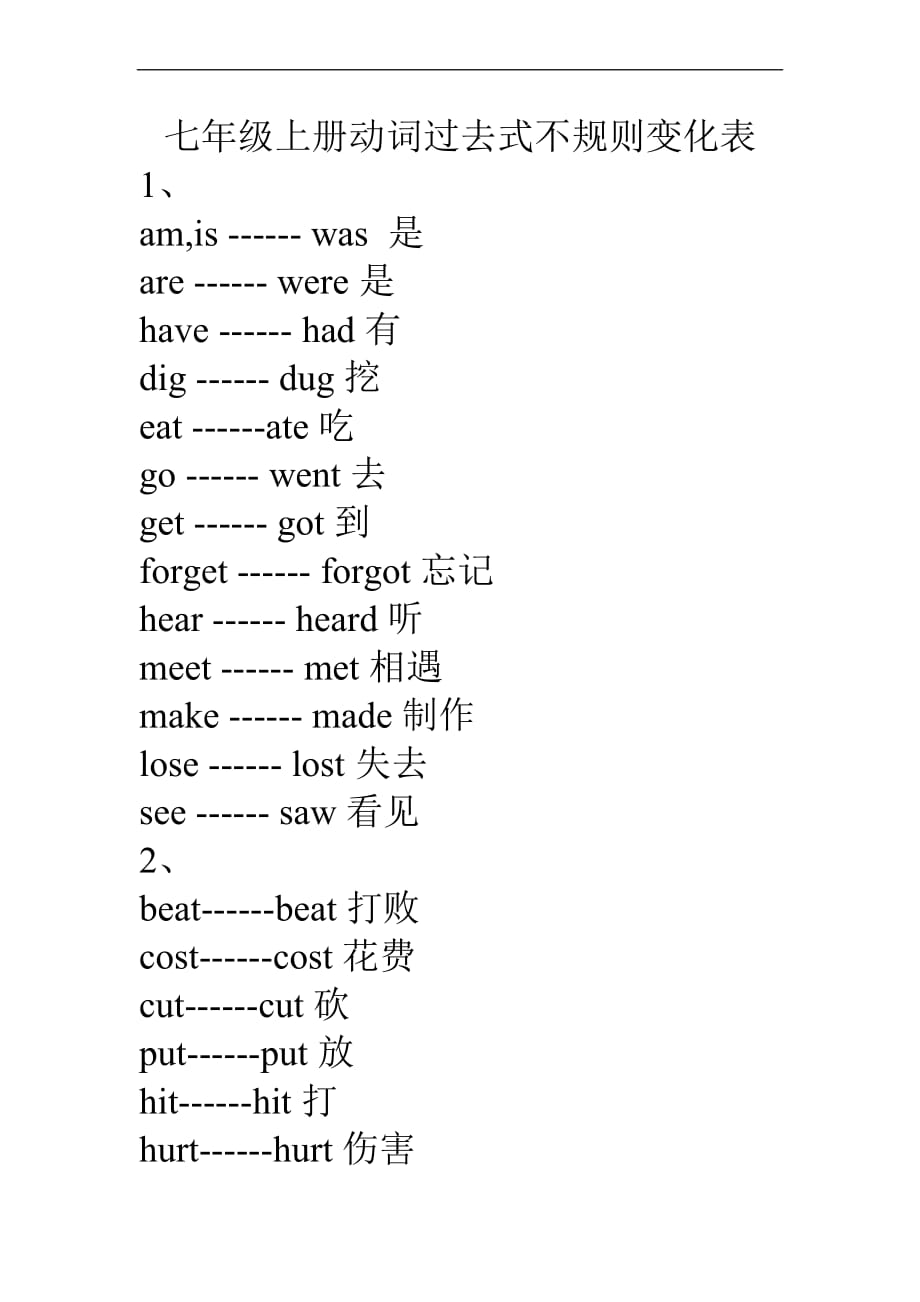 七年级上册动词过去式不规则变化表_第1页