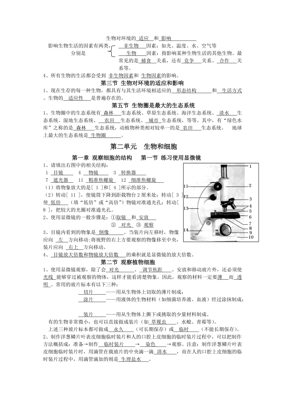 七年级上册生物复习填空修改版_第2页