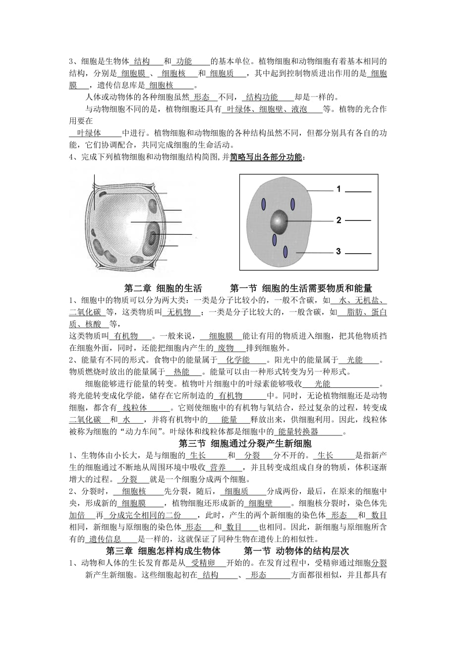 七年级上册生物复习填空修改版_第3页