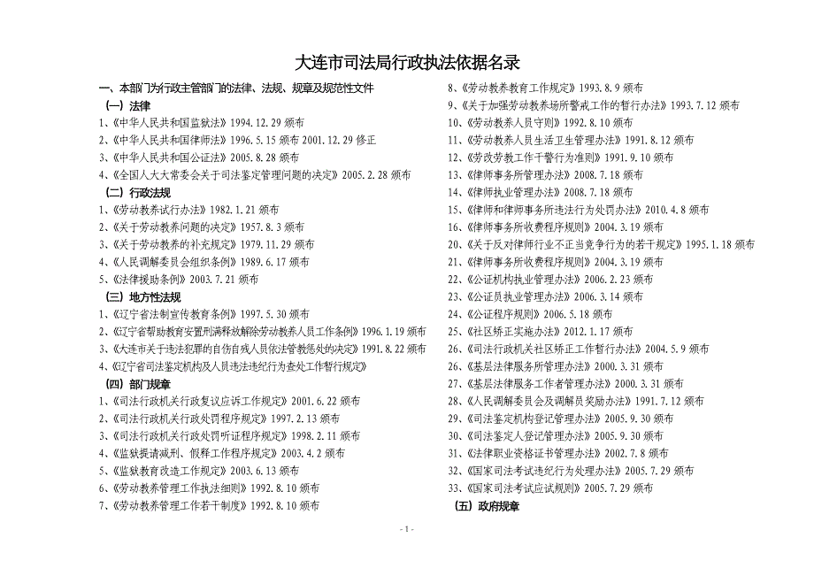 大连市司法局行政执法依据名录_第1页