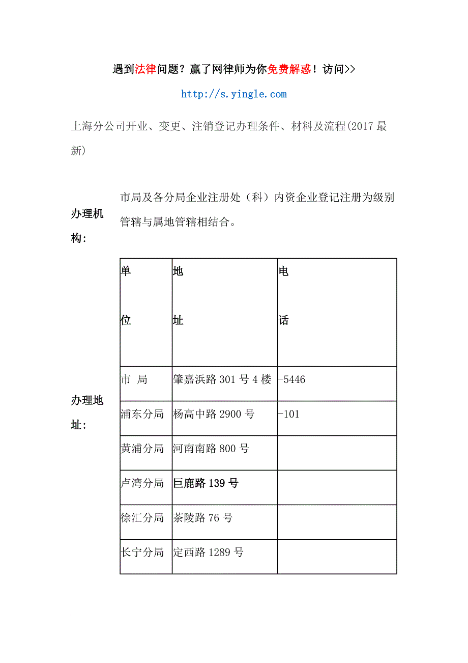 上海分公司开业、变更、注销登记办理条件、材料及流程(2017最新).doc_第1页