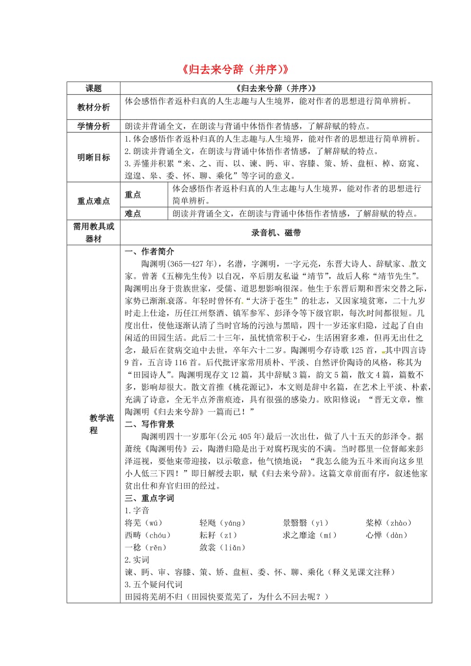 云南省师范大学五华区实验中学高中语文4归去来兮辞教案新人教版必修5_第1页