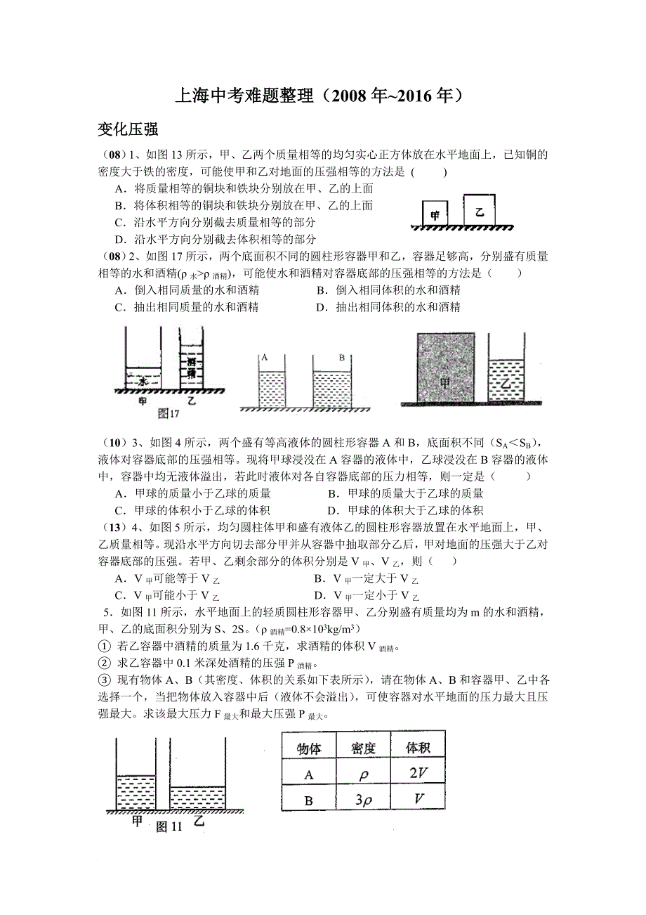 上海(中考2014年-2016年及二模)物理压强难题整理.doc_第1页