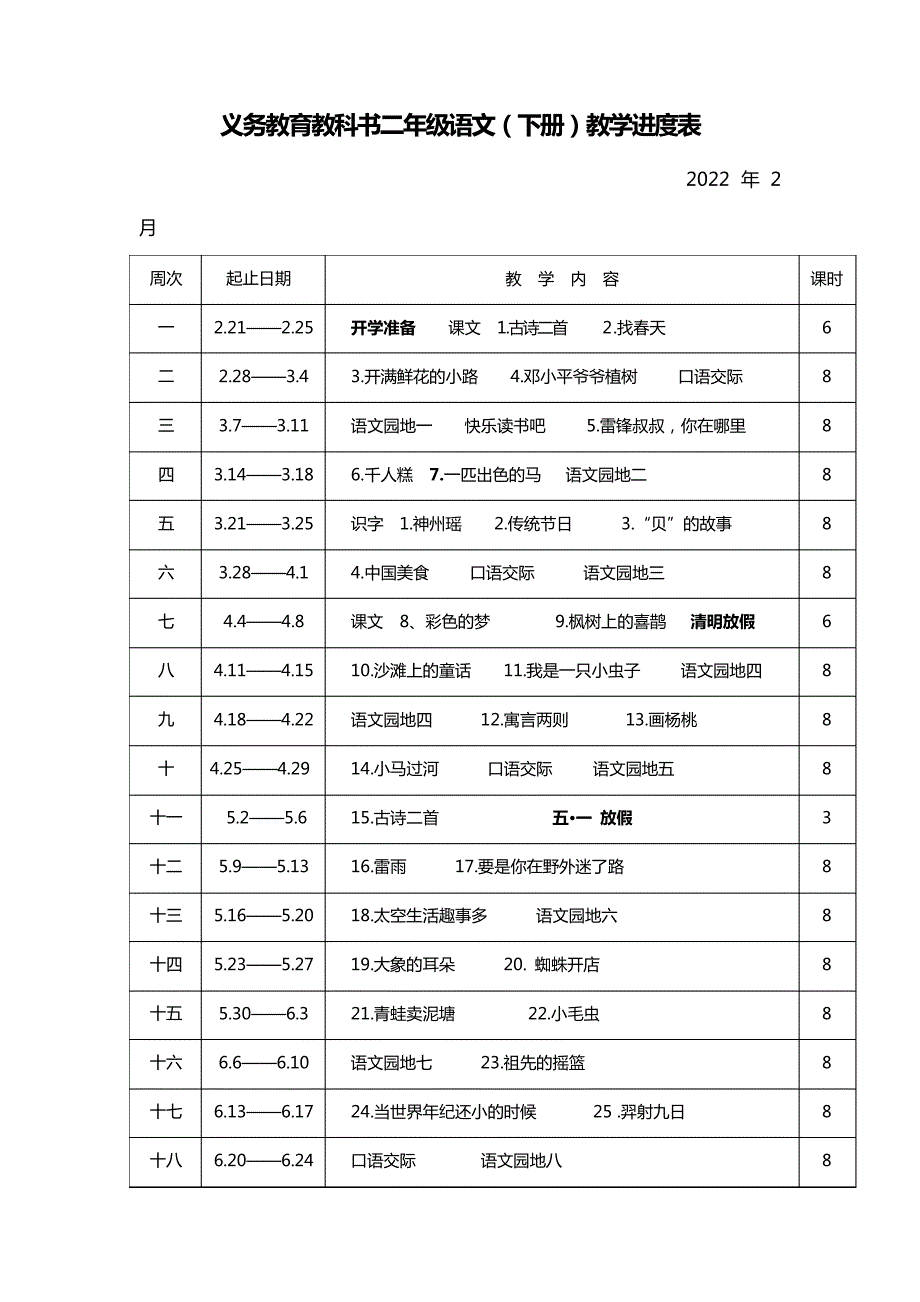 2022春季二年级语文下册教学进度安排表2021至2022下_第1页