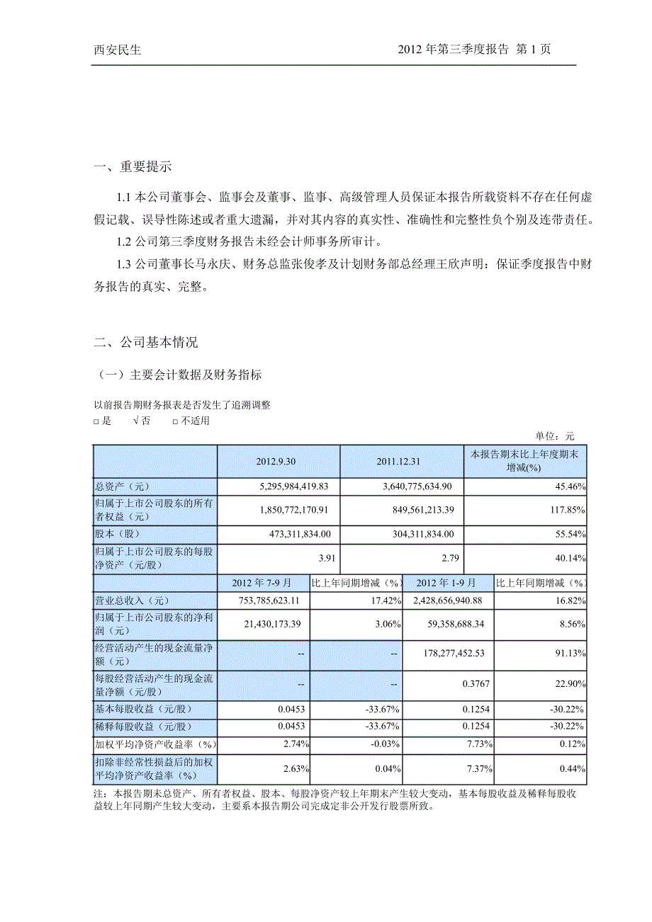 西安民生：第三季度报告全文_第2页