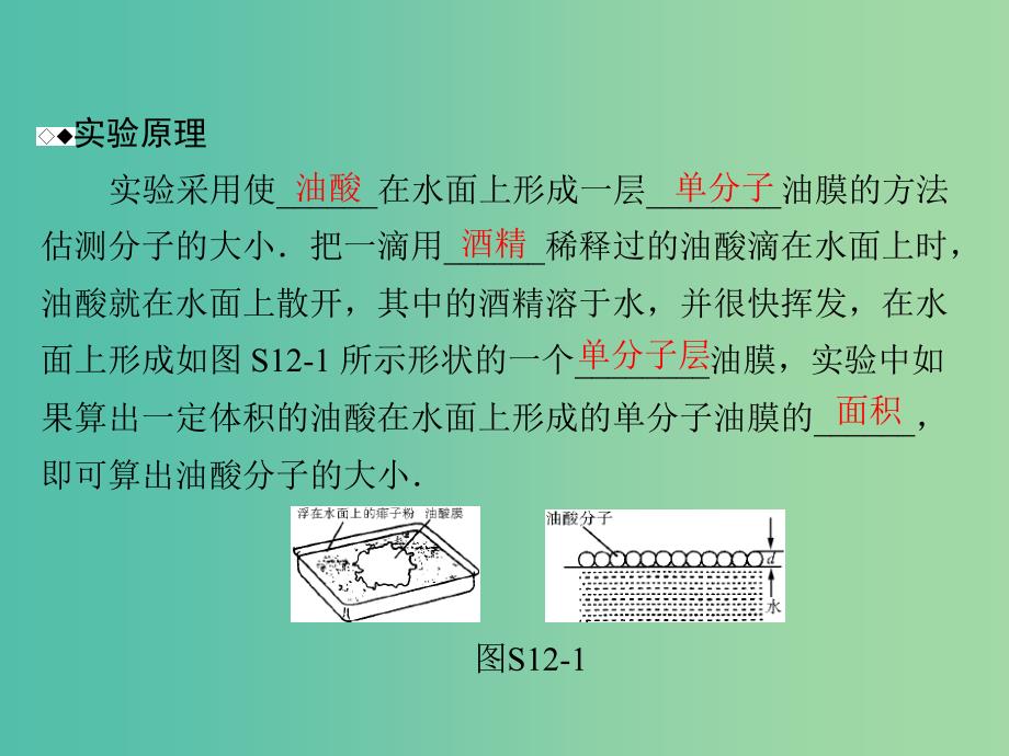 高考物理一轮总复习 专题十一 实验十二 用油膜法估测分子的大小课件 新人教版.ppt_第3页