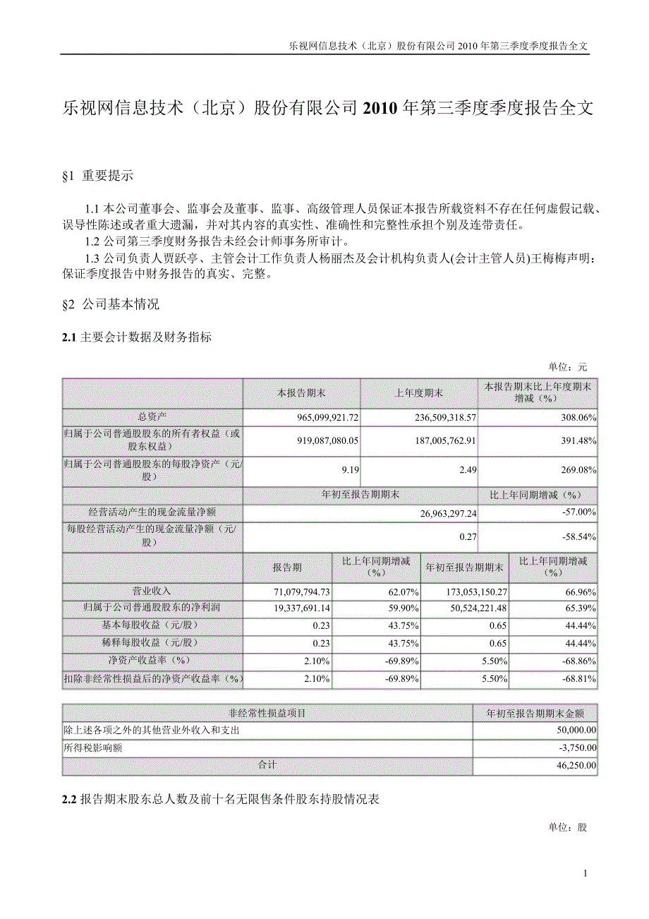 乐视网：第三季度报告全文_第1页