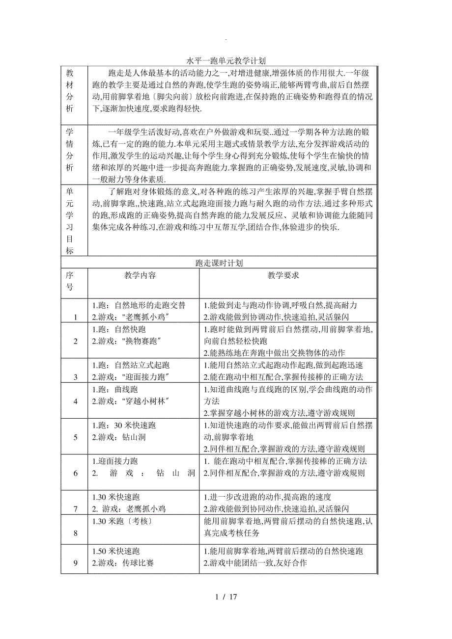 水平一跑单元教学计划_第1页