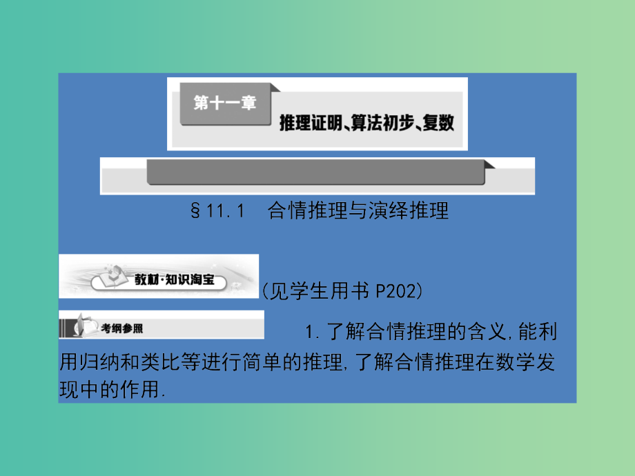 高考数学第一轮复习 第十一章 推理证明、算法初步、复数课件 理 北师大版.ppt_第1页