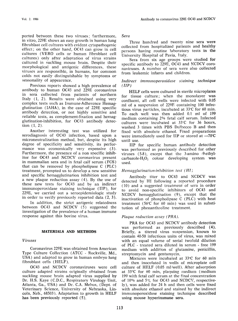 【病毒外文文献】1986 Prevalence of antibody to human coronaviruses 229E, OC43 and neonatal calf diarrhea coronavirus (NCDCV) in patients (1)_第2页