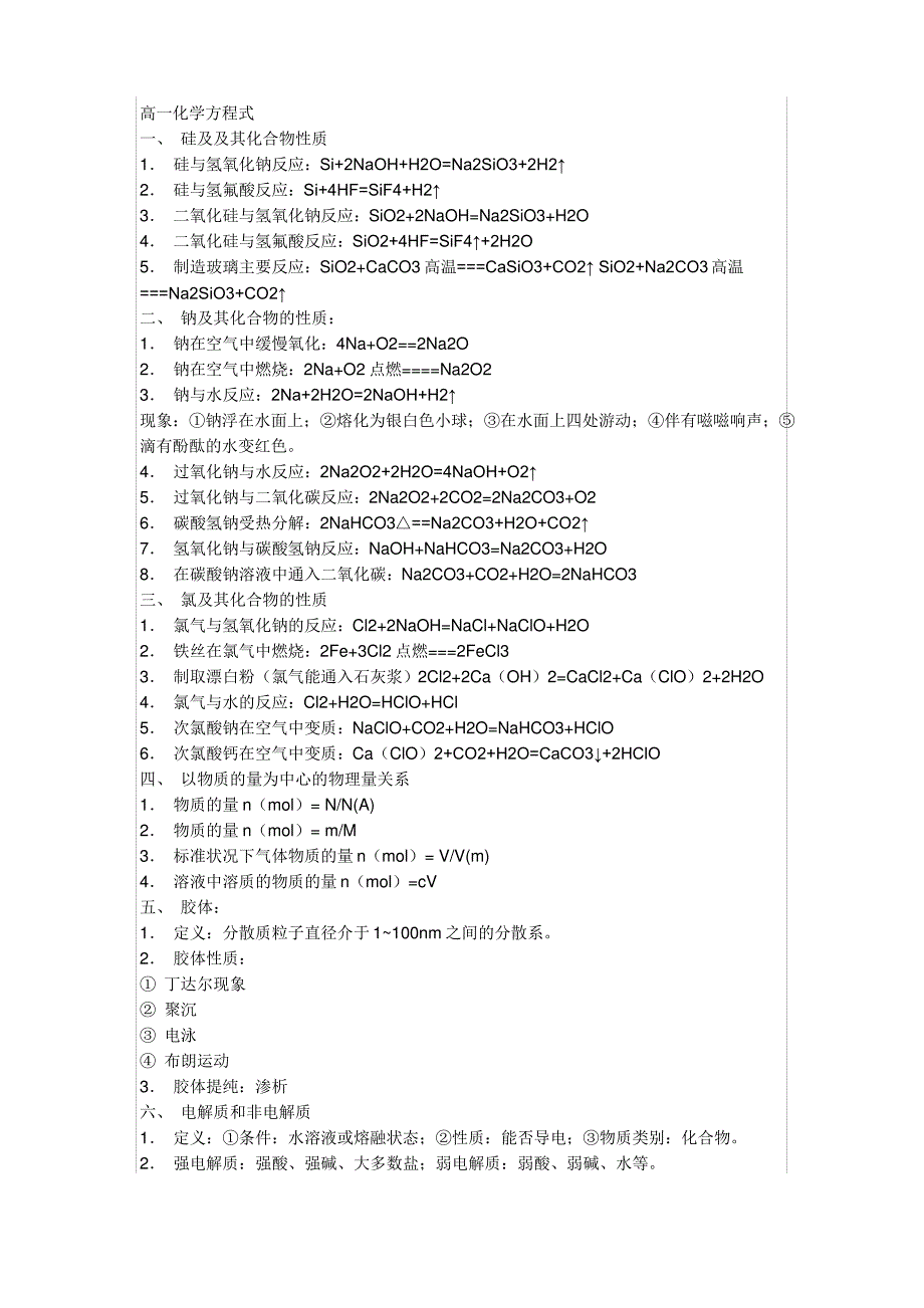 高一化学方程式总汇(高分必记)_第1页