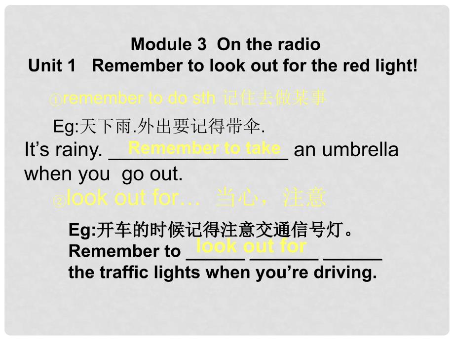 八年级英语下册 Module 3 Unit 1 Remember to look out for the red light课件3 外研版_第1页