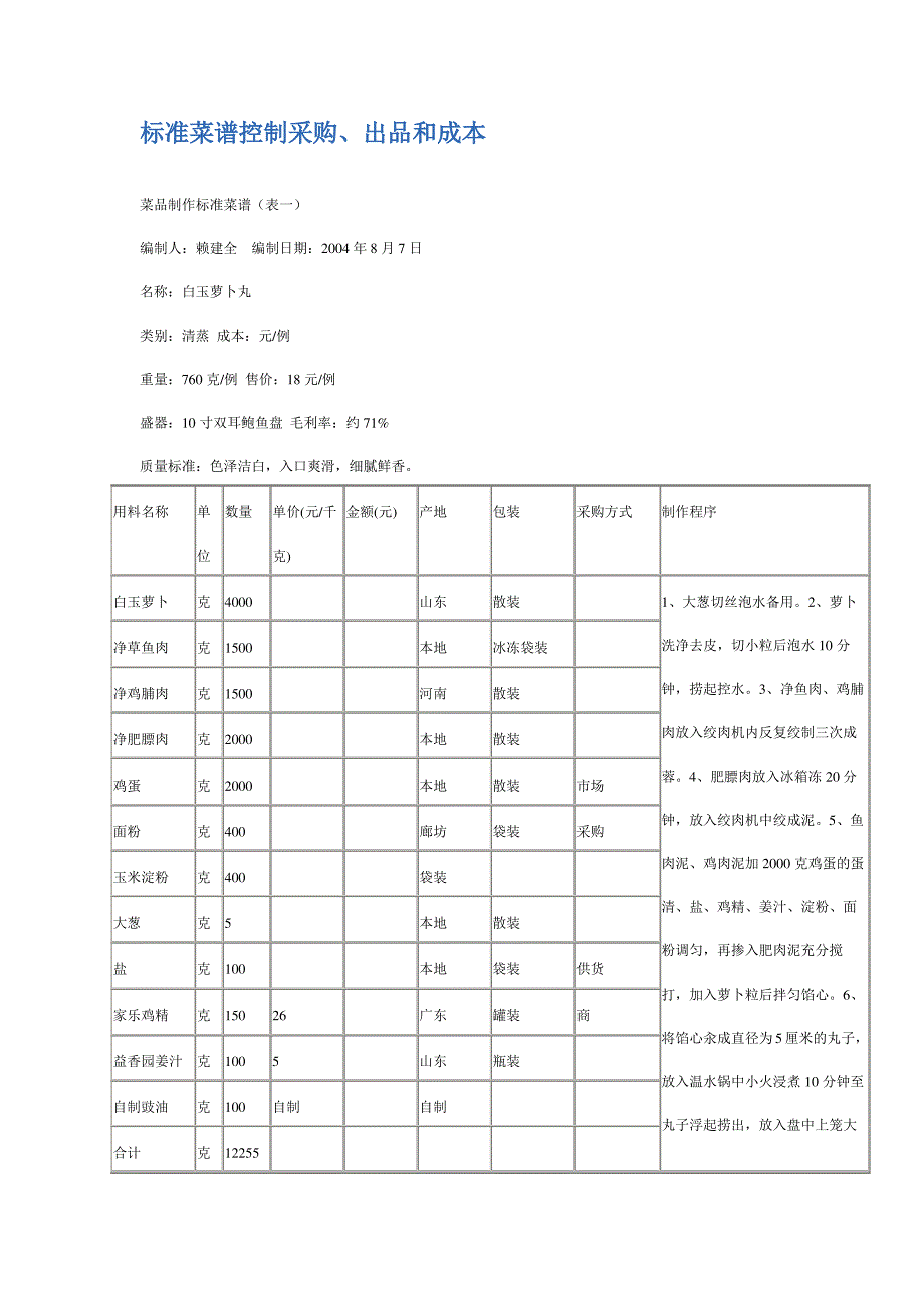 标准菜谱控制采购出品和成本_第1页