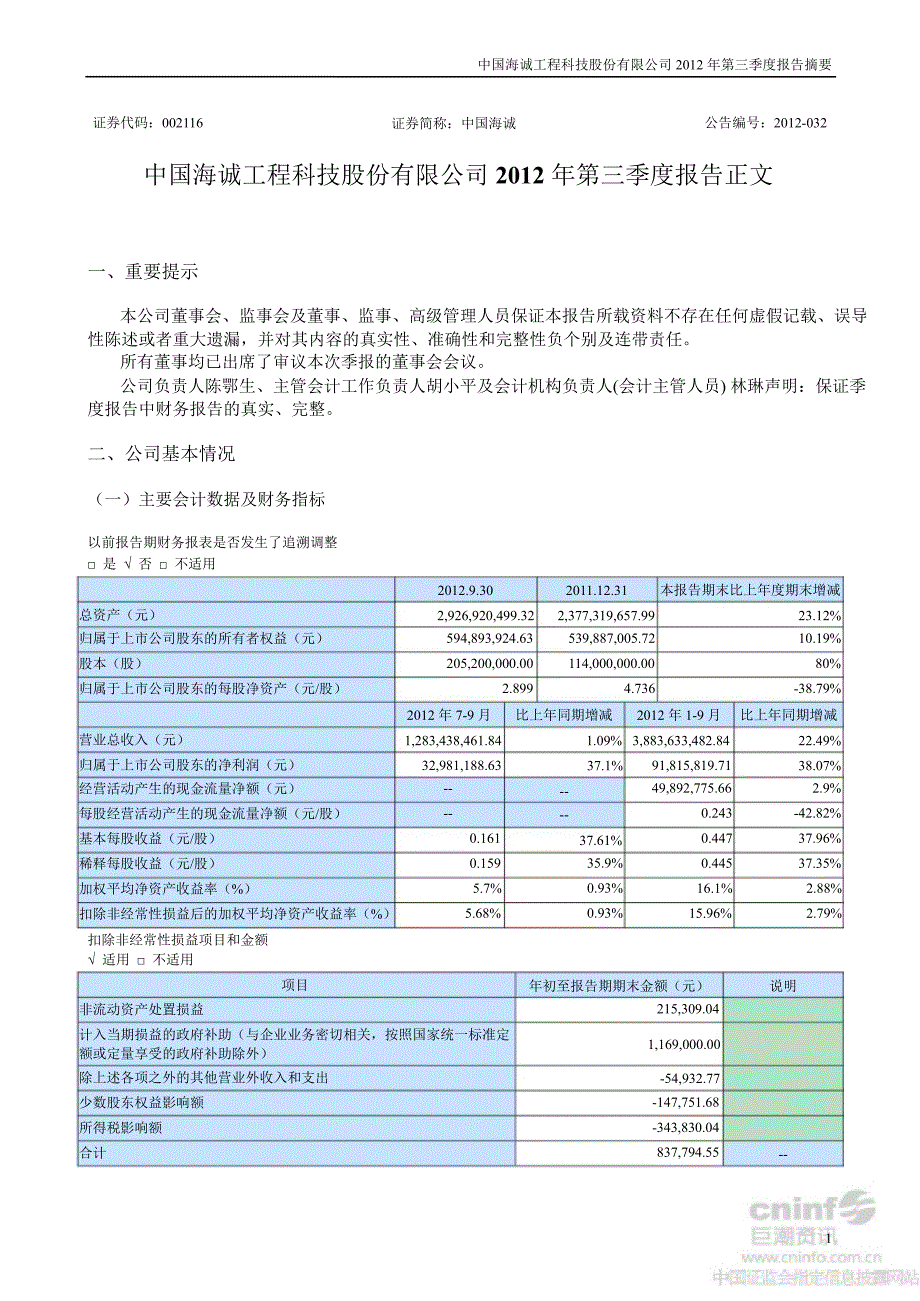 中国海诚第三季度报告正文_第1页