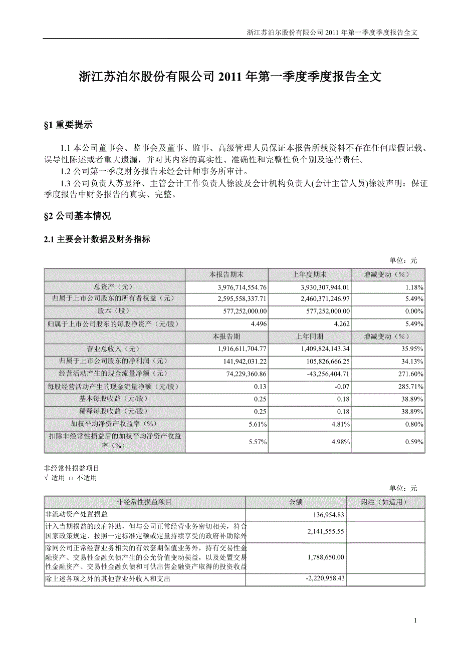 苏泊尔第一季度报告全文_第1页