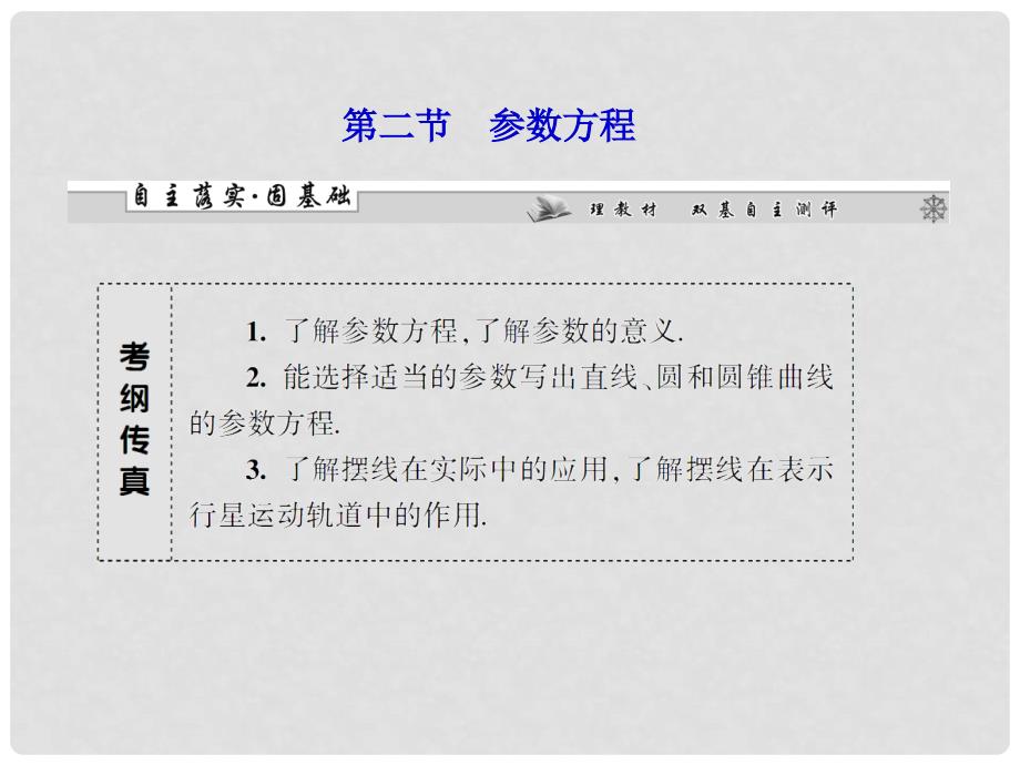 高考数学一轮复习 第二节 参数方程课件 理 新人教A版选修44（广东专用）_第1页