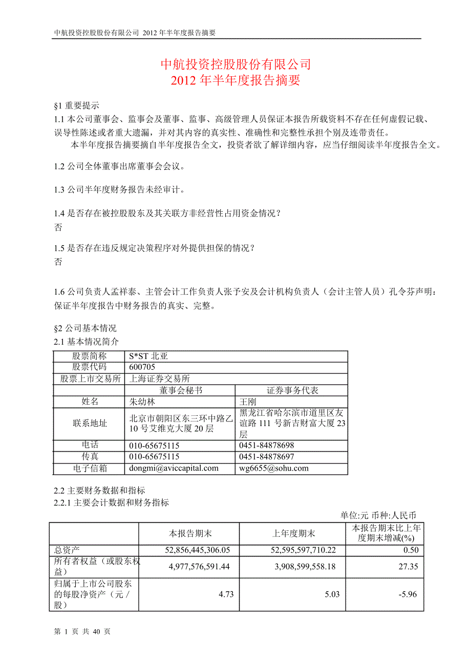 600705 ST航投半年报摘要（修订版）_第1页