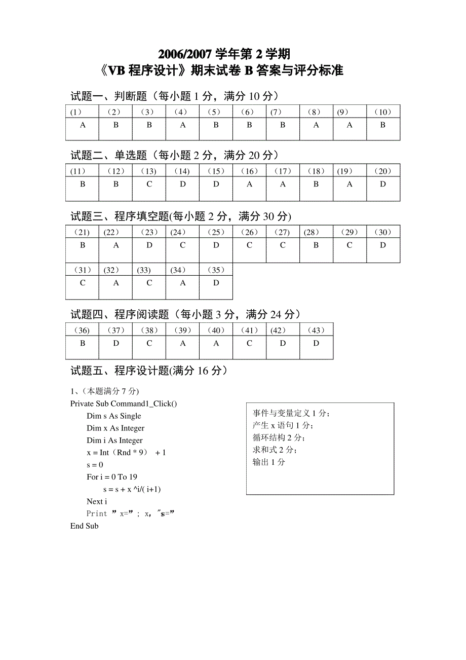 07年vb期末考试b卷答案_第1页