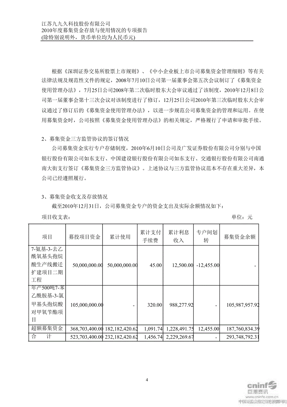 九九久：关于公司募集资金存放与使用情况的鉴证报告_第4页