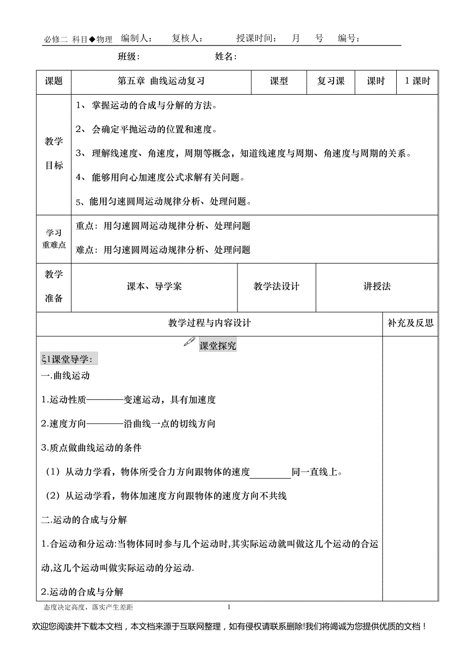 高一物理教案第五章 曲线运动复习教案114334_第1页